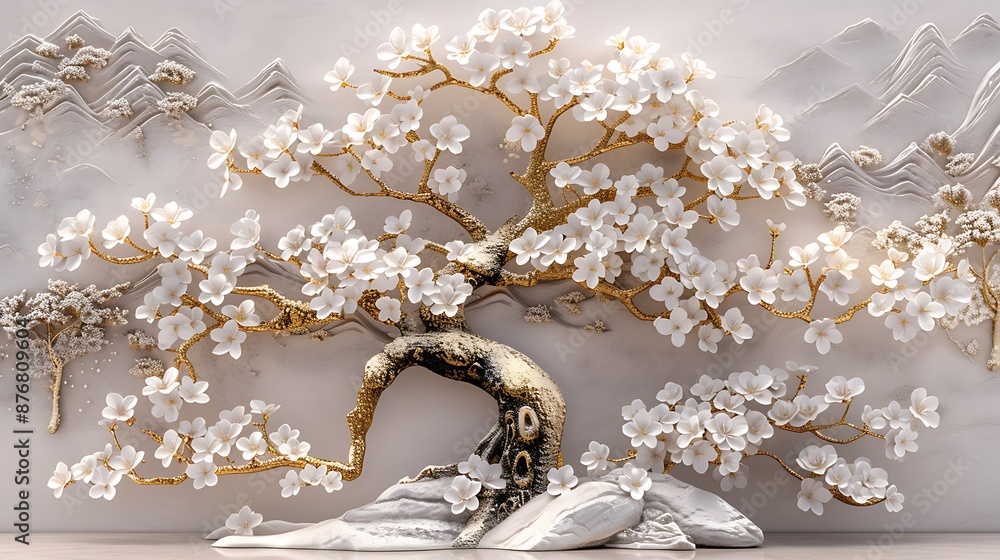Detailed 3D wallpaper of a tree with white flowers and gold branches on a light background, relief sculpture style. Detailed 3D wallpaper of a tree with white flowers and gold branches on a light background, relief sculpture style.