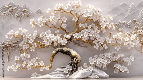 Detailed 3D wallpaper of a tree with white flowers and gold branches on a light background, relief sculpture style.