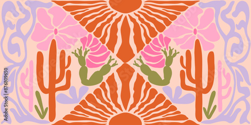 Desert matisse illustration. At nouveau landscape panorama with cactus. Tile seamless pattern in groovy 60s 70s vibes.