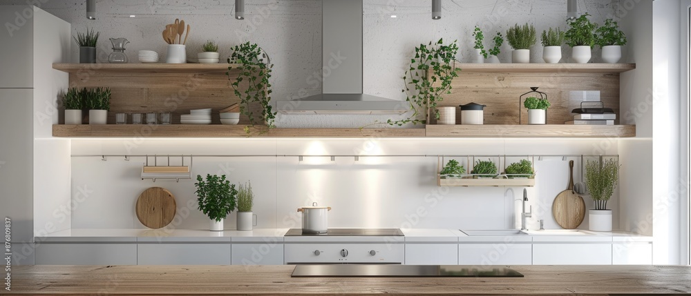 Silver cooker hood in minimal white kitchen interior with plant on wooden countertop Silver cooker hood in minimal white kitchen interior with plant on wooden countertop