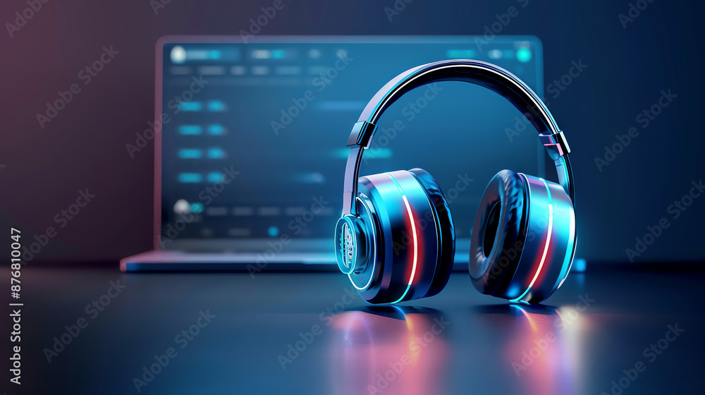 A pair of headphones with glowing lights sit in front of a laptop with a blurred screen A pair of headphones with glowing lights sit in front of a laptop with a blurred screen