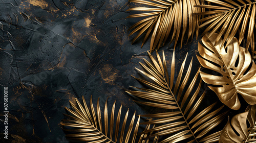 Gold palm leaves on a black background, shown from above. Tropical plants styled in the manner of gold leaf on a dark concrete textured background. 