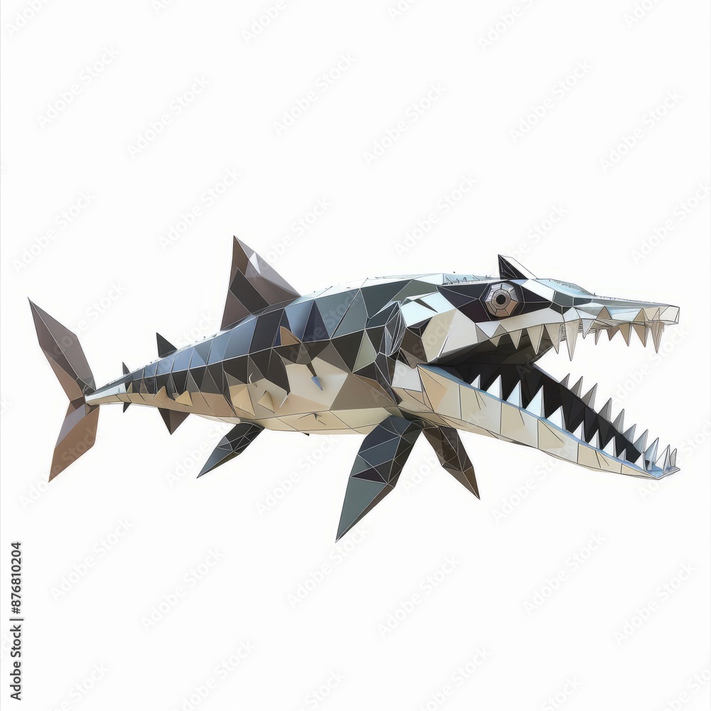 3D Render, Low Poly style of a predatory barracuda with sharp teeth and streamlined body, on isolated white background, Generative AI 3D Render, Low Poly style of a predatory barracuda with sharp teeth and streamlined body, on isolated white background, Generative AI