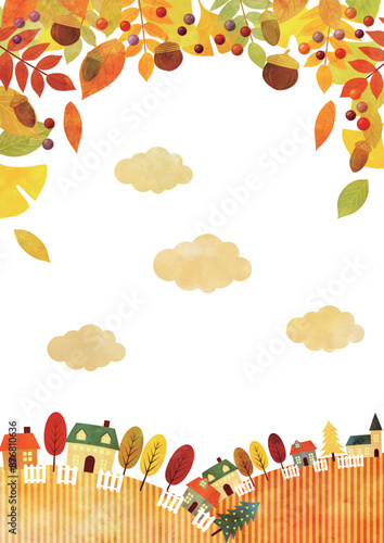 紅葉、田舎の街並み、秋、イラスト、背景、水彩、かわいい、しましま、縦