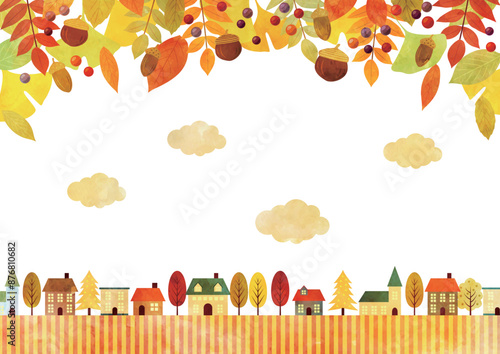 紅葉、郊外街並み、秋、イラスト、背景、水彩、かわいい、しましま、横