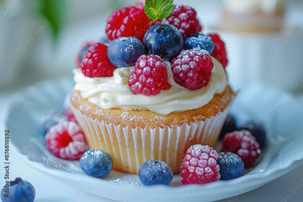A macro shot of a cupcake on a dish with blueberry and raspberry toppings. Pancake, Cupcake, Cheesecake. A macro shot of a cupcake on a dish with blueberry and raspberry toppings. Pancake, Cupcake, Cheesecake.