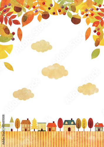 紅葉、郊外街並み、秋、イラスト、背景、水彩、かわいい、しましま、縦
