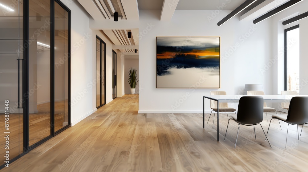Modern office hallway with abstract artwork on the wall. A table and chairs are set up at the end of the hallway, ready for a meeting or a break. Modern office hallway with abstract artwork on the wall. A table and chairs are set up at the end of the hallway, ready for a meeting or a break.