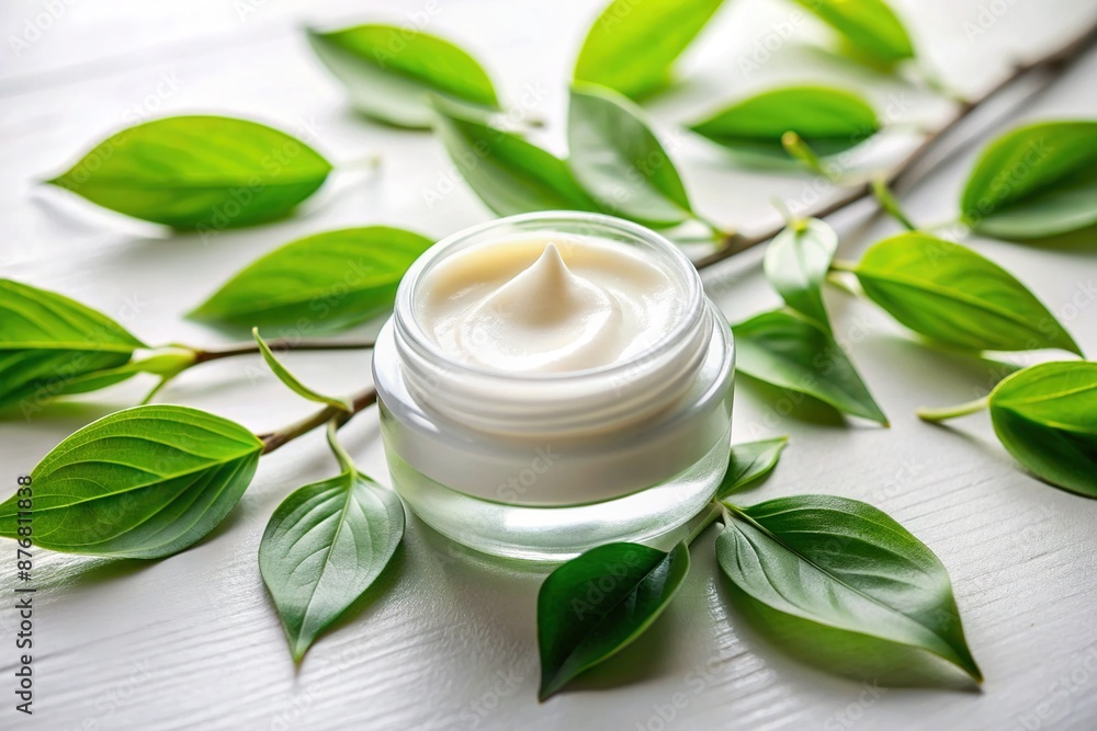 Gentle skincare routine depicted with face cream and lush green leaves on a pristine white background, evoking serenity and radiant beauty, soft focus. Gentle skincare routine depicted with face cream and lush green leaves on a pristine white background, evoking serenity and radiant beauty, soft focus.