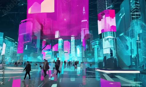 A vibrant sci-fi scene with pedestrians in a digital city, a best-seller abstract with a wallpaper feel, serving as a dynamic and captivating backgrounder photo