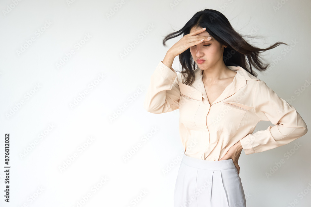 sick Asian woman having headache fever, concept of health care, flu virus infection, infectious disease, stress sickness symptoms, viral infection concept image, Southeast Asian Chinese real model sick Asian woman having headache fever, concept of health care, flu virus infection, infectious disease, stress sickness symptoms, viral infection concept image, Southeast Asian Chinese real model