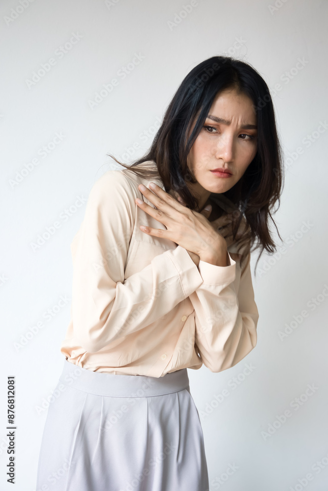 Worrying, inconfident and reluctant Asian Woman Expressing scaring off, refusal, fearful body gesture to non-verbally communicate her reluctance and problem, isolated background Worrying, inconfident and reluctant Asian Woman Expressing scaring off, refusal, fearful body gesture to non-verbally communicate her reluctance and problem, isolated background
