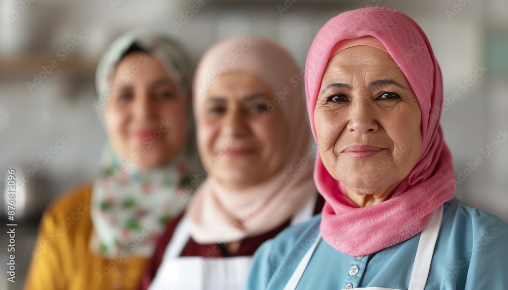 Three Muslim women in hijab smiling in kitchen. Three Muslim women in hijab smiling in kitchen.
