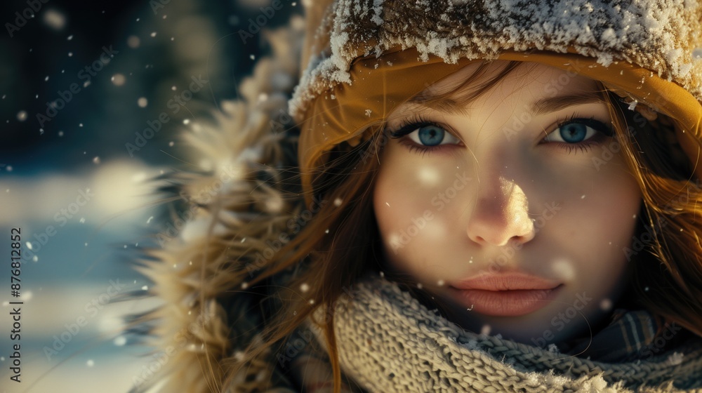 Portrait of young woman in winter clothing with snow falling and blurred snowy background. Winter fashion, cold weather, beauty concept, seasonal portrait photography, holiday card background. Portrait of young woman in winter clothing with snow falling and blurred snowy background. Winter fashion, cold weather, beauty concept, seasonal portrait photography, holiday card background.