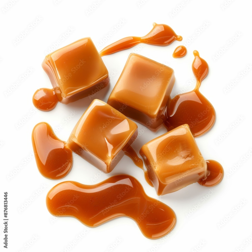 A variety of caramel desserts and delicious caramel sauces are elegantly arranged on a pristine white background. A variety of caramel desserts and delicious caramel sauces are elegantly arranged on a pristine white background.