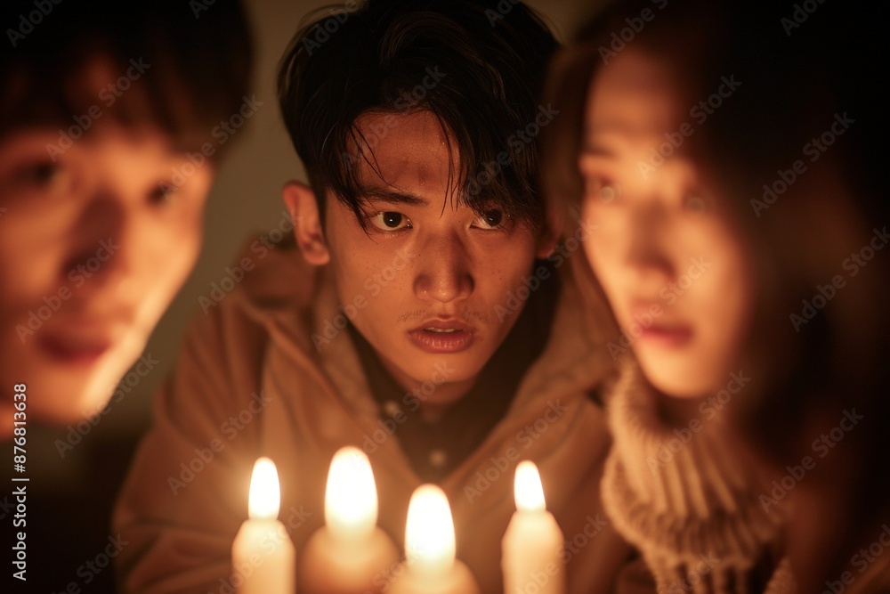 Eerie Gathering of Japanese Friends Sharing Ghost Stories by Candlelight in Abandoned House Eerie Gathering of Japanese Friends Sharing Ghost Stories by Candlelight in Abandoned House