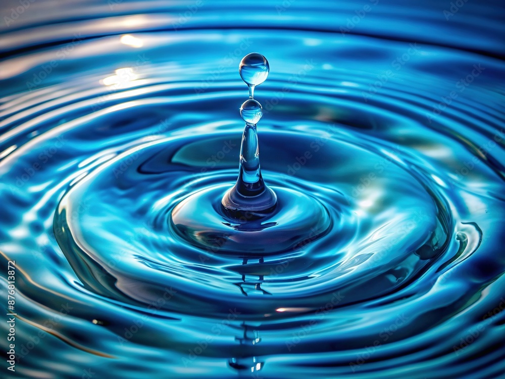 Vibrant blue water drop splashing into a serene pool, creating a mesmerizing symmetrical ripple effect, surrounded by subtle natural light and gentle shadows. Vibrant blue water drop splashing into a serene pool, creating a mesmerizing symmetrical ripple effect, surrounded by subtle natural light and gentle shadows.