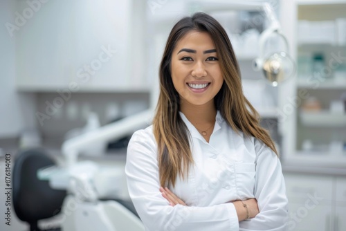 A young female dentist smiles confidently while standing in a modern dental clinic © Elmira