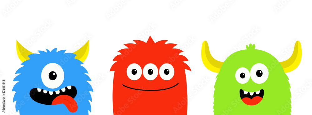 Monster face head icon set line. Happy Halloween. Three monsters. Cute kawaii cartoon colorful character. Eyes, horns, tongue, fang teeth. Funny baby collection. Flat design. White background Vector Monster face head icon set line. Happy Halloween. Three monsters. Cute kawaii cartoon colorful character. Eyes, horns, tongue, fang teeth. Funny baby collection. Flat design. White background Vector