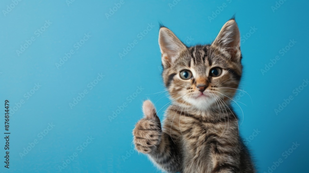 Adorable Tabby Kitten Giving a Thumbs Up Gesture Against a Bright Turquoise Background Adorable Tabby Kitten Giving a Thumbs Up Gesture Against a Bright Turquoise Background
