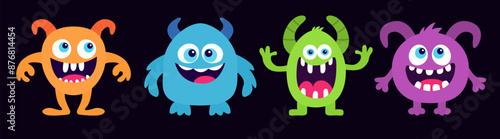 Happy Halloween. Four cute monster icon set line. Cartoon kawaii funny baby character. Eyes, horns, fang teeth. Childish style. Colorful silhouette. Sticker print. Flat design. Black background Vector