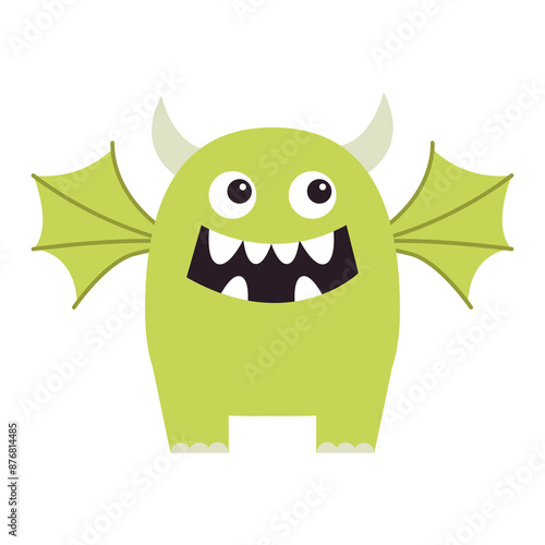 Cute green monster standing. Happy Halloween. Monsters silhouette icon. Eyes, wings, horns, smiling face. Cartoon kawaii funny character. Childish style. Flat design. Isolated. White background Vector