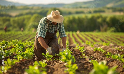 farmer planting vegetables on organic farm at sunset, wearing hat and gloves, concept of green healthy food production, beautiful natural landscape