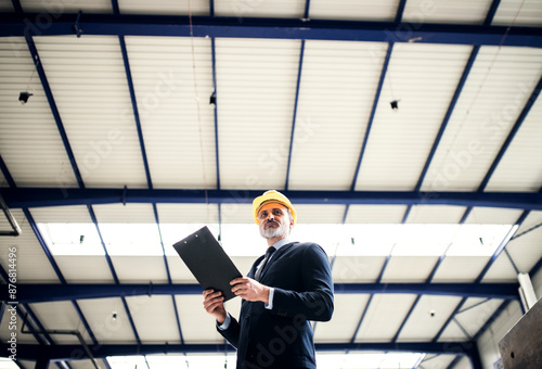 Portrait of project manager standing in modern industrial factory, low angle view. Manufacturing facility with robotics, robotic arms and automation. Storing products and materials in warehouse. photo