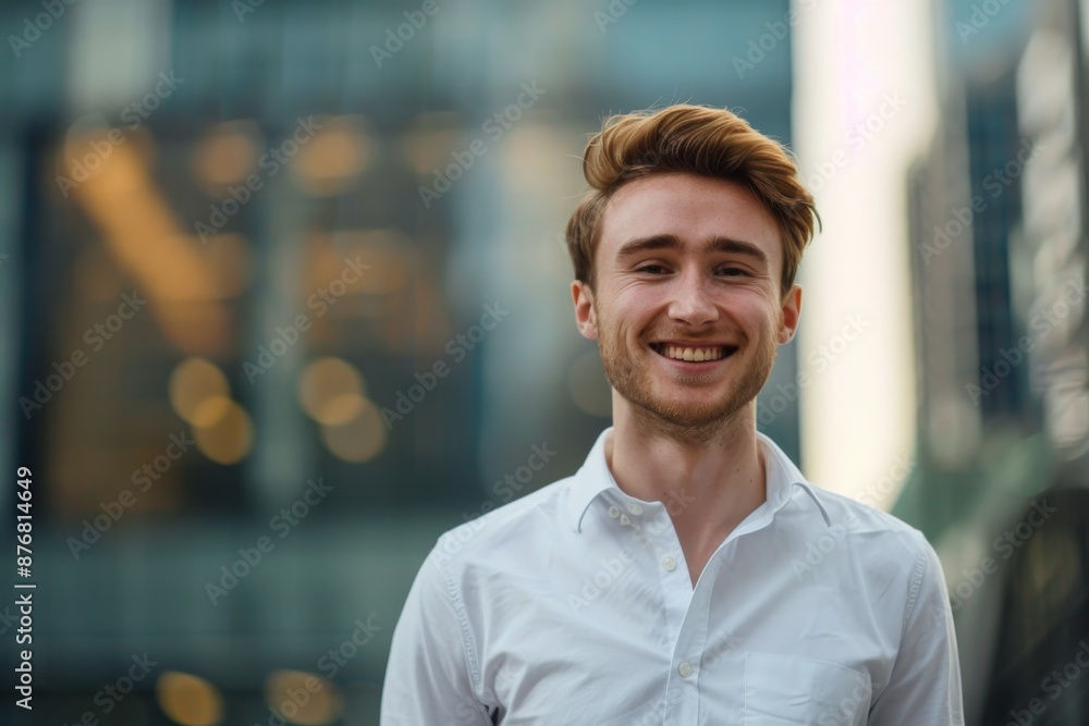 A young entrepreneur, wearing a white collared shirt and smart casual attire, stands against a blurred city background and smiles confidently A young entrepreneur, wearing a white collared shirt and smart casual attire, stands against a blurred city background and smiles confidently