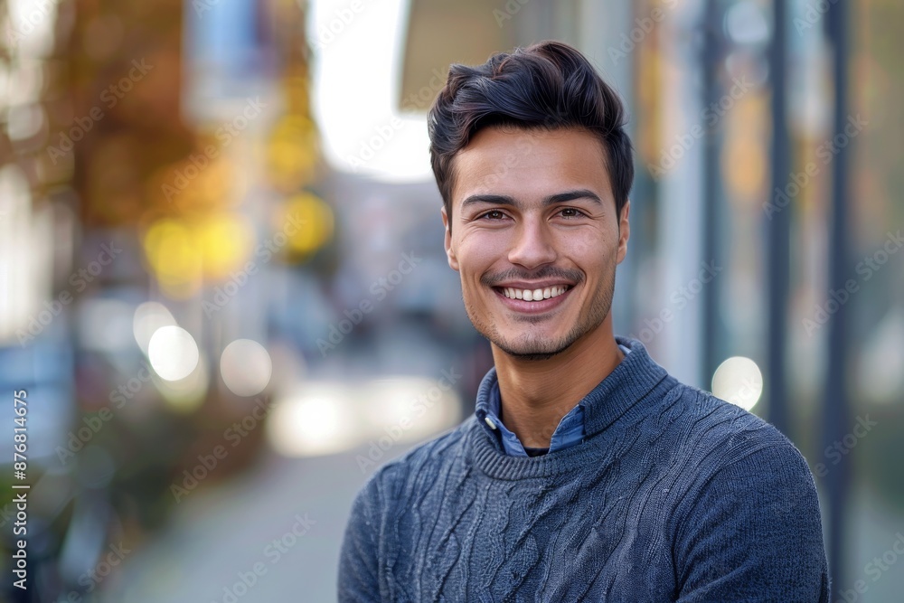 A young man dressed in smart casual attire stands in a city environment with a confident smile A young man dressed in smart casual attire stands in a city environment with a confident smile