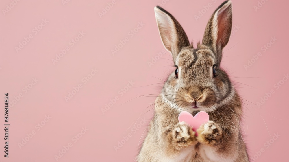 A Captivating Brown Rabbit Clutching a Pink Heart, Poised Against a Soft Pink Backdrop, Symbolizing Affection and Cuteness A Captivating Brown Rabbit Clutching a Pink Heart, Poised Against a Soft Pink Backdrop, Symbolizing Affection and Cuteness