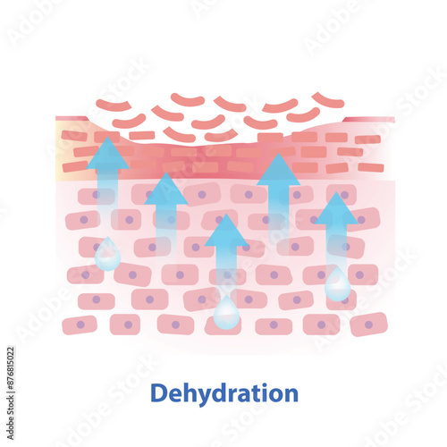 The mechanism of dehydration skin vector illustration. Cross section of dry skin barrier layer lead to more water leaving skin and lacks water in the uppermost layer. Skin care and beauty concept.