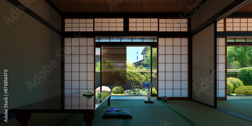 Foto 強い日差しが照りつける夏の庭と日陰になった日本家屋の和室 / 夏休み・帰省・田舎の実家・昭和レトロなロケーションイメージ / 3Dレンダリング