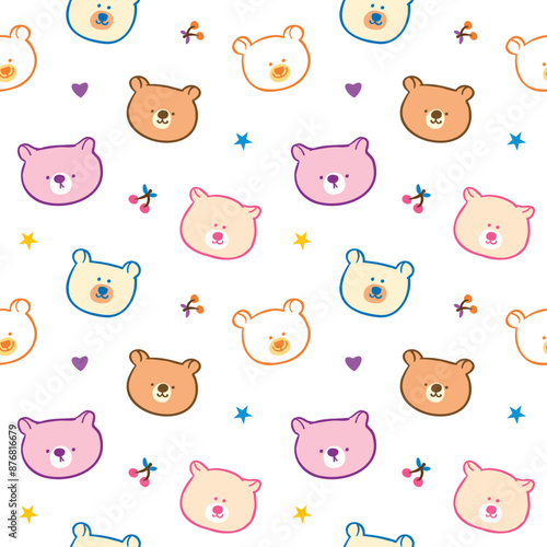 Seamless Pattern with Cute Cartoon Bear Face Design on White Background