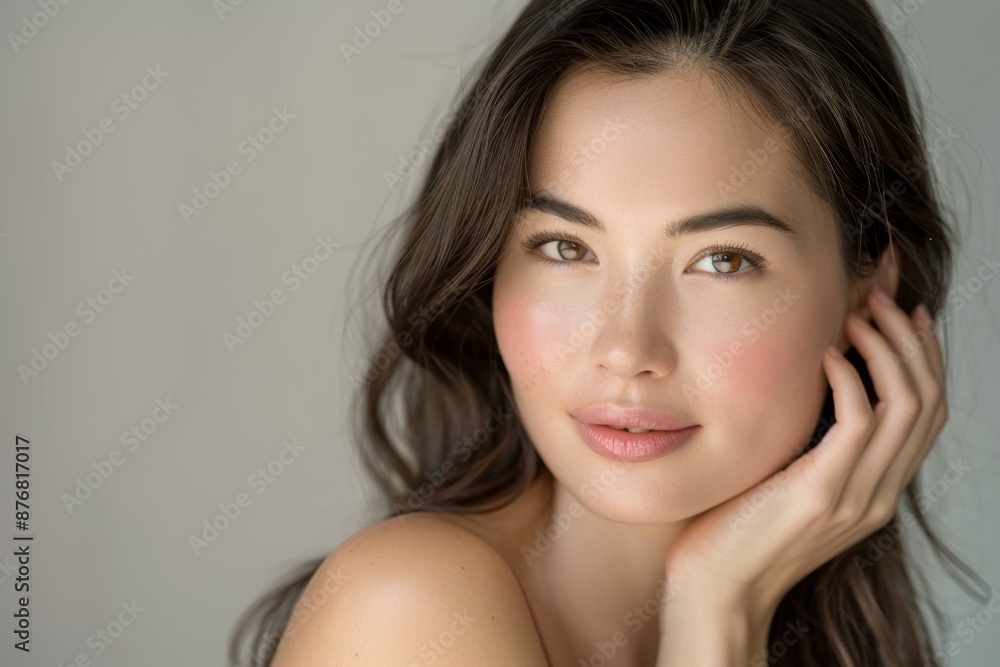 A woman with dark hair, radiant skin, and light makeup, smiles gently in a portrait with hand on cheek. Soft, neutral background A woman with dark hair, radiant skin, and light makeup, smiles gently in a portrait with hand on cheek. Soft, neutral background