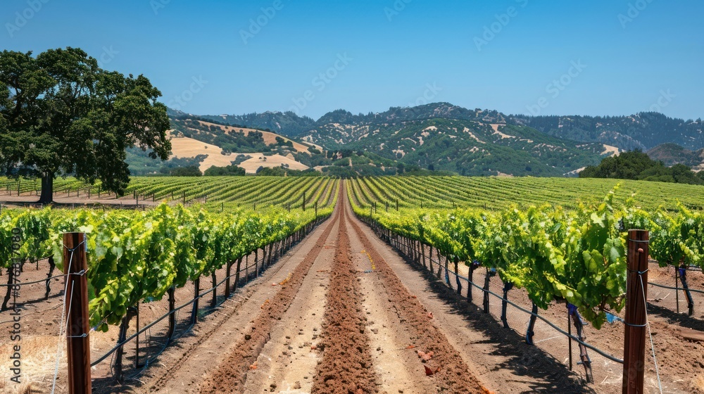 Naklejka premium A vineyard with rows of grape vines and a blue sky in the background