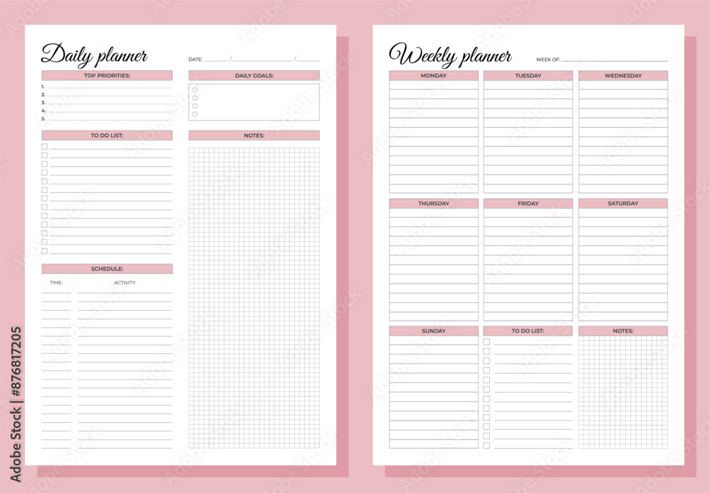 Planners set. Daily and weekly planners. Blank white notebook page A4. Planners set. Daily and weekly planners. Blank white notebook page A4.