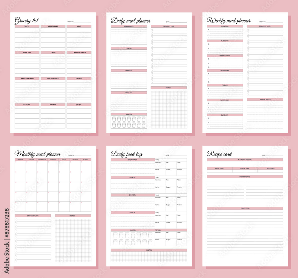 Meal planners set. Daily, weekly, monthly meal planners, daily food log, grocery list and recipe card. A4 printable templates. Meal planners set. Daily, weekly, monthly meal planners, daily food log, grocery list and recipe card. A4 printable templates.