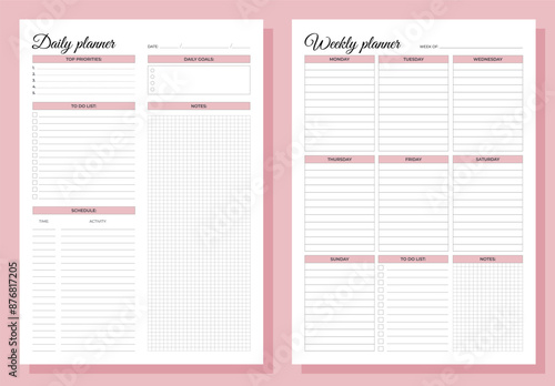 Planners set. Daily and weekly planners. Blank white notebook page A4.