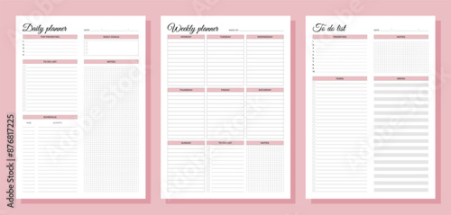 Planners set. Daily, weekly, to do list. Blank white notebook page A4.
