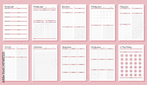Planners set. Daily, weekly, monthly, yearly, habit tracker, to do list, goal, monthly budjet, weekly budjet and challenge. Blank white notebook page A4.