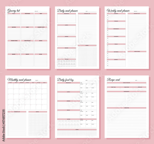 Meal planners set. Daily, weekly, monthly meal planners, daily food log, grocery list and recipe card. A4 printable templates.