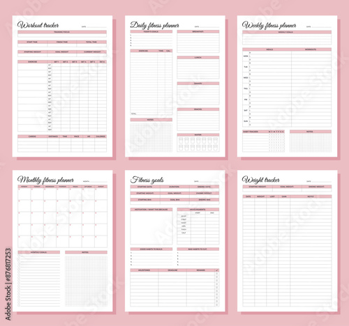 Fitness planners set. Daily, weekly, monthly fitness planners, workout tracker, fitness goals and weight tracker. A4 printable templates.