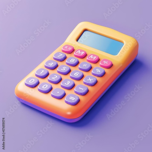 Vibrant yellow-orange calculator with colorful buttons on a purple background. Ideal for educational or business-related designs and concepts.