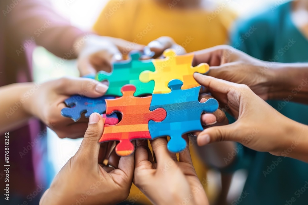 Close-up of diverse hands holding together a colorful puzzle, representing unity and collaboration Close-up of diverse hands holding together a colorful puzzle, representing unity and collaboration
