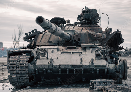 destroyed battle tank in a city lost during the war in Ukraine