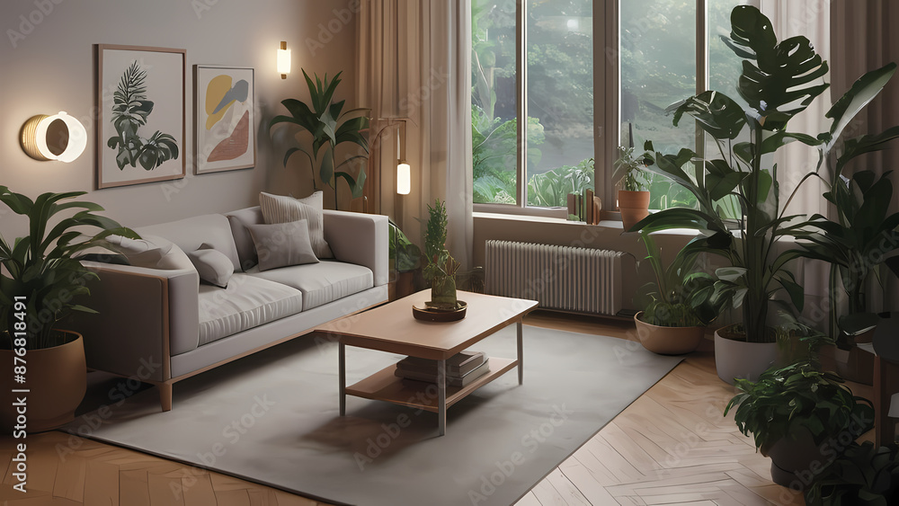 isometric vector scene of a cozy, modern living room with detailed furniture, plants, and ambient lighting isometric vector scene of a cozy, modern living room with detailed furniture, plants, and ambient lighting