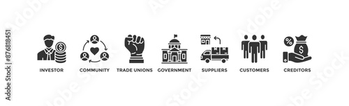 Stakeholder relationship banner web icon vector illustration concept for stakeholder, investor, government, and creditors with icon of community, trade unions, suppliers, and customers	