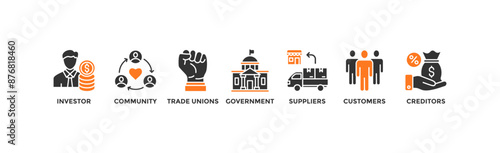 Stakeholder relationship banner web icon vector illustration concept for stakeholder, investor, government, and creditors with icon of community, trade unions, suppliers, and customers	