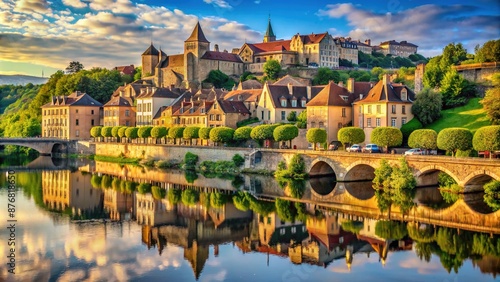 Ancient medieval architecture lines cobblestone streets of Ville de Bergerac, Dordogne River reflections shine amidst charming historic buildings, vineyards, and rolling hills of southwest France.